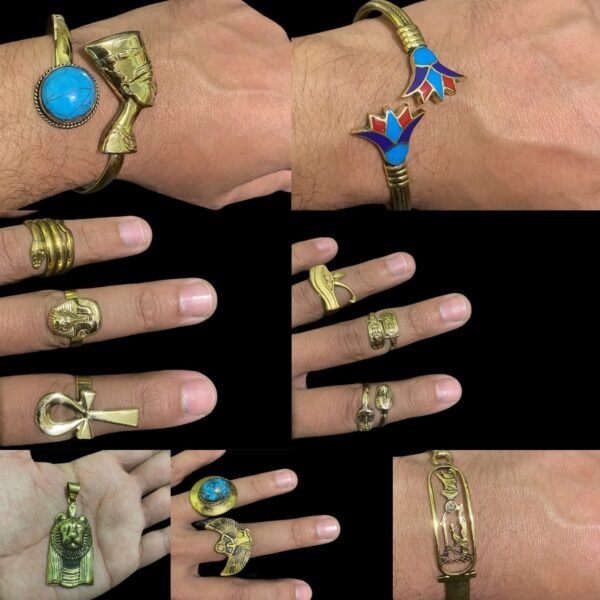 A set of rings, bracelets and a necklace in the shape of Sekhmet